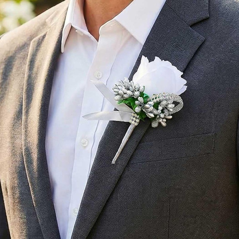 Latious Rose Wedding Boutonniere White Groom Flower Buttonholes for Men