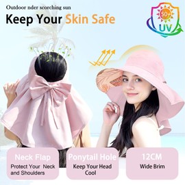 Yooooomi Womens Foldable Sun Hat with Ponytail Hole UPF50+ Wide Brim Summer Cap with Neck Flap (US, Alpha, One Size, Pink)
