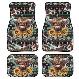 Wanyint Aztec Highland Cow Cattle Sunflower Auto Carpet Floor Mats for Car Van Truck SUV, 4 Pieces Front & Rear Full Set with Rubber Backing Universal Fit for Most Vehicles