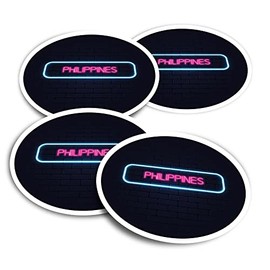 Vinyl Round Stickers (Set of 4) 10cm - Neon Sign Design Philippines Country for Laptops, Tablets, Luggage, Scrap Booking, Fridges #350195