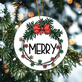 Merry Christmas Wreath Flat Circle Ceramic Ornaments for Christmas Tree Hanging Decoration Novelty Christmas Pendant Bauble Keepsake Holiday Souvenir New Year Xmas Gifts for Kids