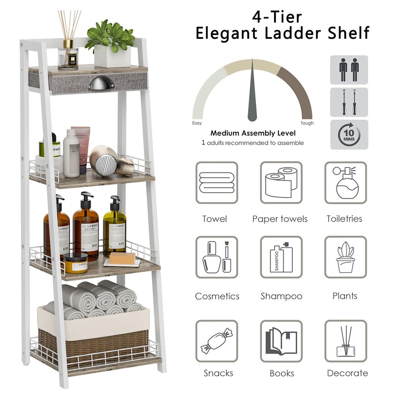 keomaisyto 4-Tier Elegant Ladder Shelf, Bathroom Storage Shelf, Ladder Bookshelf