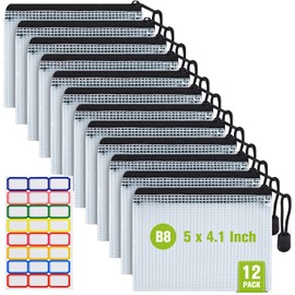 12 Pcs Plastic Mesh Zip File Bags, Waterproof Tear-Resistant Document File Folders, B8 Size Zipper Documents Pouch Document Organizer Bags for School Office Home Travel Storage(5×4.1 Inch)