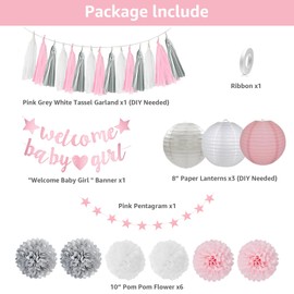 Baby Shower Decorations for Girl, Welcome Baby Girl Banner,Pink White and Grey Tissue Pom Poms,Paper Lanterns& Tassel Garland Blue and Grey This is boyBaby Shower Decorat for Girl
