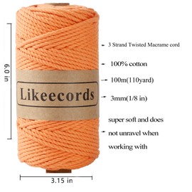 Likeecords 2 Rolls of Cotton Macrame Cord 3mm x 100m, 3 Strand Twisted, Macrame Rope, Macrame String Cotton Yarn, Macrame Yarn Craft Cord for Knitting Plant Hangers Christmas Décor (Terra Cotta)