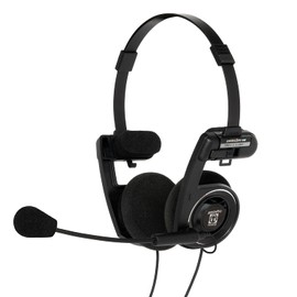 Koss Porta Pro - Auriculares de comunicación intrauditiva de doble cara, flexible, micrófono electret manos libres, diseño plegable, enchufe TRRS de 3,5 mm, color negro