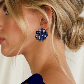 Flyonce Wedding Bridal Clip-on Earrings for Women, Navy Blue Rhinestone Crystal Flower Floral Clip On Stud