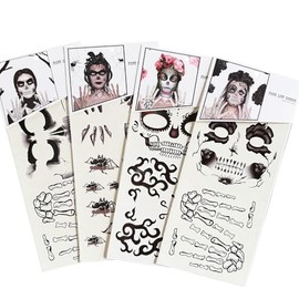 Day of Dead Face Tattoos, 4-Sheet Scar Face Mask Tattoos Sugar Skull Tattoos Temporary Stickers