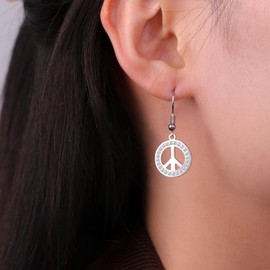 TEAMER Rhinestone Peace Sign Symbol Earrings Stainless Steel Geometric Peace Symbol Dangle Earrings Hippie Jewelry For Women, adjustable, Stainless Steel, No Gemstone