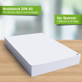 Notepad A5 Blank I Economy Set 5 Pads DIN A5 I 50 Sheets per Pad I Tear Off I 80 g/m² Paper White I Writing Pad, Calculation Pad, Painting Pad, Sketch Pad, Drawing Pad, Notes