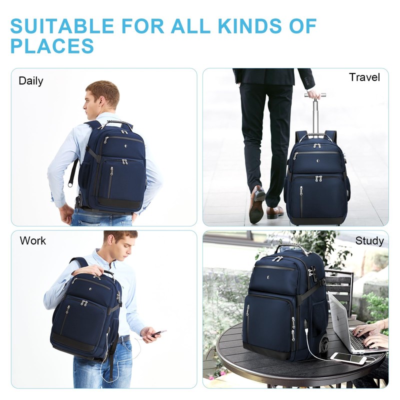 SWICKY RICOOI Backpack with wheels,rolling backpack with 2 Packing Cubes,compression