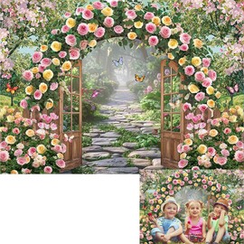 Spring Garden Flowers Backdrop Spring Floral Arch Butterfly Green Stone Background Rose Flowers Arch Wall Bridal Shower Wedding Anniversary Party Decor Banner Photo Prop (7x5FT(82 x 59 inch))