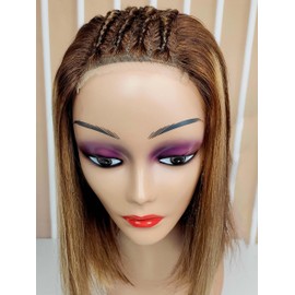 LSXCSM Women Glueless Omber Highlights Bob Wig Human Hair 4/27 Wear And Go Top Cornrow Braided Brown 4x4 Lace Front Bob Wigs (10 Inch)