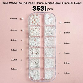 Mixed Sizes Flat Back Pearls Kit 3D Nail Art Charms，Gradient Red Pink White Rose Camellia Flower with Pearls 3531Pcs Off white and White AB Half Round Pearls Beads Jewelry Art Design Manicure DIY