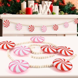 Christmas Felt 3D Candy Garland, Christmas Decorations for Home, Felt Candy Garland and Wood Bead for Christmas Decor, Christmas Candy Banner for Mantle Christmas Party Supplies Home Wall Decor