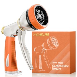HOSUN Garden Hose Nozzle Sprayer Heavy Duty, 100% Metal Water Hose Nozzle with 8 Spray Patterns, High Pressure Hose Spray Nozzle with Non-Slip Grip for Watering Plant & Lawn, Washing Car & Pet, Orange