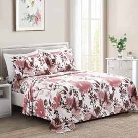 Marina Decoration Ultra Soft Silky Deep Pocket Rich Printed Bedding Rayon from Bamboo All Season 6 Pieces Sheet Set with 4 Pillowcases, Pink Red Floral Pattern Queen Size