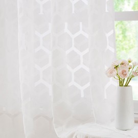 White Lace Sheer Curtains 90 Inches Long with Embroidery Geometric Pattern Window Drapes for Living Room Bedroom Elegant Knitted Lace Sheer Panels Light Filtering Curtains for Girls Room, 2 Panels