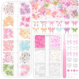 2 Boxes 3D Butterfly Nail Charms, Color Butterflies Nail Art Charm Pink White Flower Bow for Nails, Spring Flowers Butterfly Half Pearls Charms for Acrylic Nail Art DIY Supplies with Pickup Tool