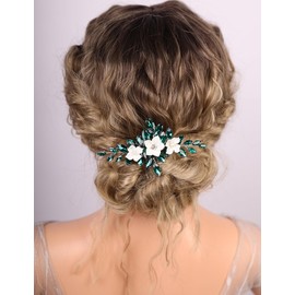 Rumtock White Flower with Green Crystal Beads Hair Comb for Wedding Brides Women Hair Accessories Silver Side Headpiece (Green)
