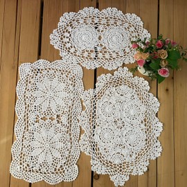 MINDPLUS Set of 3 Cotton Hand Crochet Lace Doily Placemats Oval Rectangle Dresser Scarves Coffee Table Runner Farmhouse Boho Decor (White)
