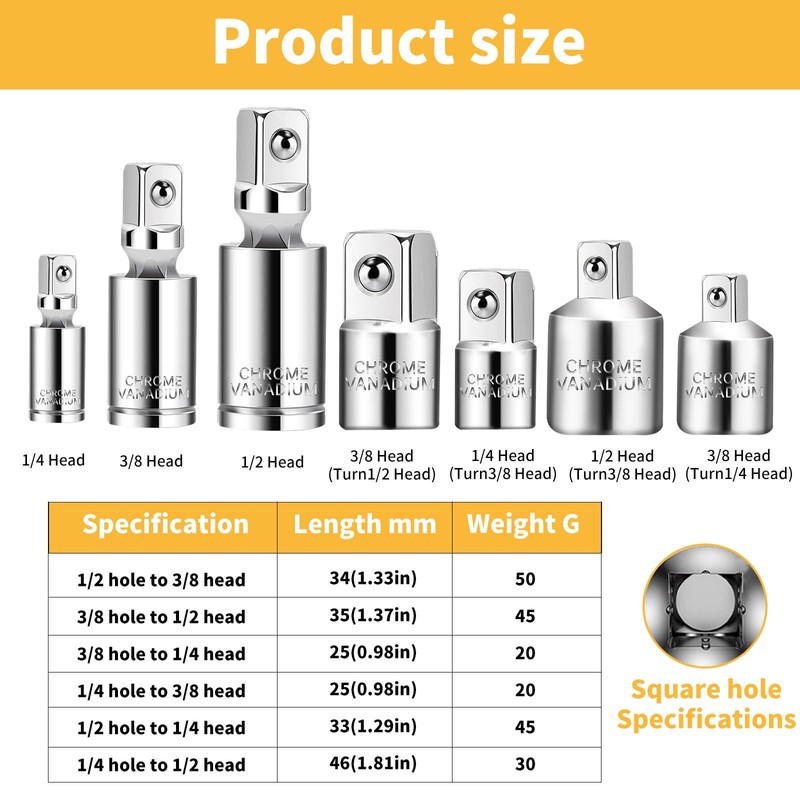 7 Piece Socket Adapter and Universal Joint Set 6.3 mm