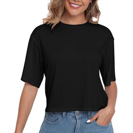 PRIMODA Women's Loose Fit Cropped T Shirts Crew Neck Half Sleeve Crop Tops Tee Shirts (Black S)
