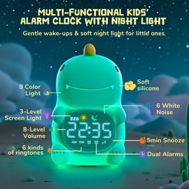 Kids Sleep Training Alarm Clock with Night Light - OK to Wake Clock & Sound Machine, Rechargeable Silicone Animal Lamp for Boys Girls Bedroom (Dinosaurs)