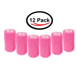 4 Inch Vet Wrap Tape Bulk (Neon Pink) (Pack of 12) Self Adhesive Adherent Adhering Flex Bandage Grip Roll for Dog Cat Pet Horse