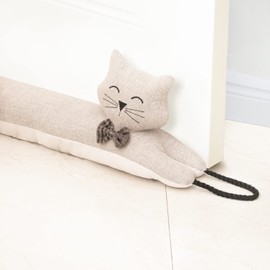 Marwood Under Door Draft Stopper Decorative Wind Stopper 48 inch for Door & Window, Weighted Animal Air Draft Stopper Snake Noise Blocker for Bottom of Door with Hanging Loops - Khaki Cat