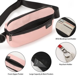 RFID Fanny Pack for Women Men - Fashionable Leather Belt Bag with Multiple Zipper Pockets, Adjustable Strap, Card/Keychain Holders, Crossbody Wasit Bag Perfect for Travel Workout Running Hiking,Pink