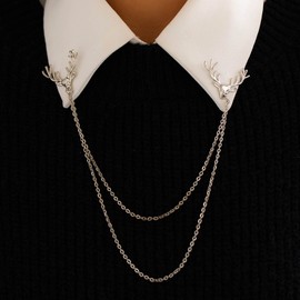 Atentuyi Deer Head Silver Brooch Pin Double Chain Brooches Animals Deer Brooches Shirts Neck Collar Tips with Tassel Chain Blouse Lapel Pin Suit Wedding Brooch for Women and Girls
