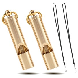 Ultra-Loud 125dB+ Brass Survival Whistle Set of 2 with 17.3 Inch Black Lanyards Premium Emergency Whistles for Outdoor Key-Chain or Neck Carry Durable Solid Brass Construction