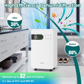 COSTWAY 2500 Sq. Ft Dehumidifier for Basement, 32 Pints Home Dehumidifier with Sleep Mode, 24H Timer, 3-Color LED Indicator Light & Child Safety Lock, Portable Quiet Dehumidifier with Drain Hose