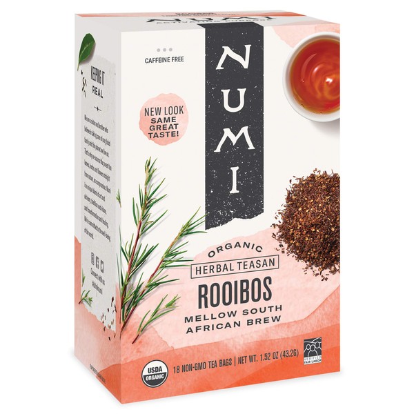 Numi Organic Tea Rooibos, 18 Count Box of Tea Bags (Pack of 6) Herbal Teasan (Packaging May Vary)