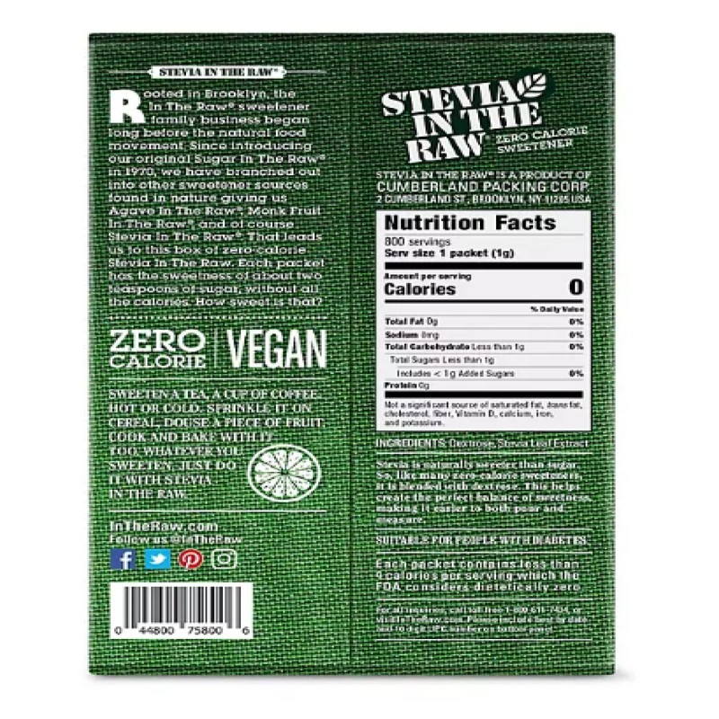 Stevia In The Raw Plant-Based Zero Calorie Sweetener Packets, 800