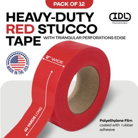 IDL Packaging 2" x 60 Yards Red Stucco Tape, 12 Rolls, Heavy-Duty - 60 Days Long-Lasting Bond - Removes with No Trace - UV Resistant, Waterproof