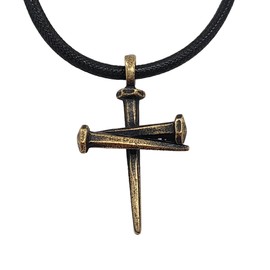 FORGIVEN JEWELRY Cross 3 Nail Antique Brass Finish Pendant Black Cord Necklace