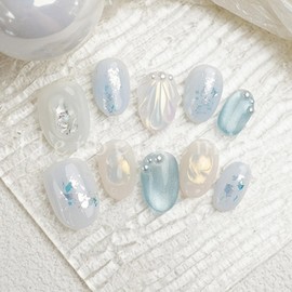 Herbeluemily Nail Tip, Short, Handmade, 3D Storage Case, 10 Pieces, Flower, Mermaid, Oval Blue, M