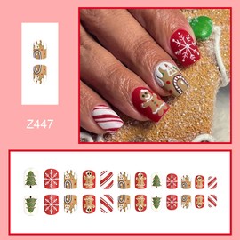 Christmas Press on Nails Short Square Winter Fake Nails Matte Full Cover Gingerbread False Nails with Snowflake Designs Candy Cane Glue on Nails Cute Acrylic Nails Artificial Nails for Women Girls