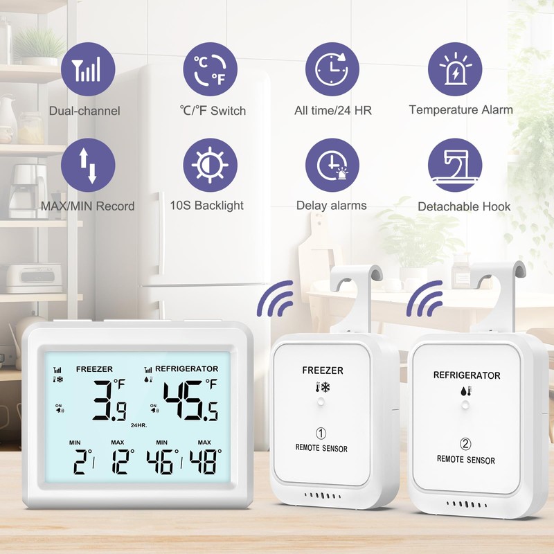 OQIMAX Digital Fridge Freezer Thermometer with 2 Remote Sensor, Wireless