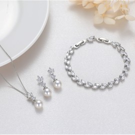 CRASLYMO Jewellery Set Silver 925 for Women Wedding Jewellery Set Pearl Earrings Necklace Bracelet Golden/Rose Gold Bridal Jewellery Set with 5A Sparkle Cubic Zirconia Gift for Bride Bridesmaid, Alloy