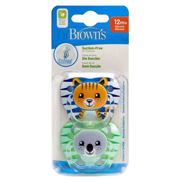 DR. BROWN'S PREVENT, SILICONE PACIFIER WITH ANIMAL FACES BOY 12m+
