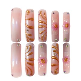 20 Pcs Curved Nail French Tip Press on Nails Thick Nude Pink Fake Nails 3D Rhinestone Golden False Nails with Flower Design Glossy Full Cover Acrylic Stick on Nails for Women Art DIY Decoration