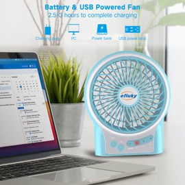 efluky 3-Speed Mini Desk Fan, Rechargeable Battery Operated with LED Light, Portable USB Fan Quiet for Home, Office, Travel, Camping, Outdoor & Indoor Use, 4.9-Inch, Blue