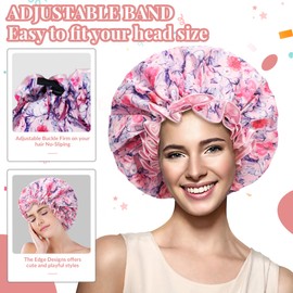 Luxury Shower Cap for Women Reusable Waterproof, Double Layered Shower Caps Bonnet with Adjustable Elastic Strap, Large Satin Lined Shower Bath Cap for All Hair Lengths-Ladies Gift Pink-Flower