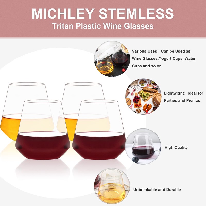 MICHLEY Large Stemless Wine Glasses Clear Tritan Plastic-Unbreakable Wine Cups