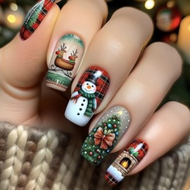 Christmas Press on Nails Medium Square Fake Nails Snowman Christmas Tree False Nails Winter Acrylic Nails Full Cover Glossy Glue on Nails Xmas Sled Stick on Nails for Women Nail Decorations 24Pcs