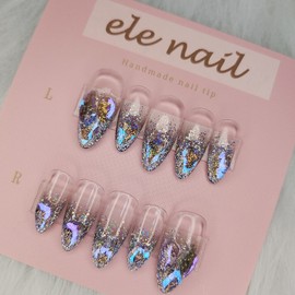 {Add color} Glitter Gradient Ice Stone Handmade Nail Tips - Short Round / {컬러추가} 글리터그라데이션 얼음스톤수제네일팁 - 숏라운드