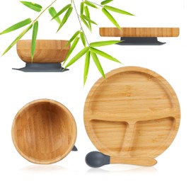 Relaxdays Children's Crockery with Suction Cup, 3-Piece Set, Plate, Bowl & Spoon, Bamboo, Divided Baby Plate, Natural/Grey
